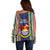 Kiribati Christmas Off Shoulder Sweater Santa With Gift Bag Behind Ribbons Seamless Blue Maori LT03 - Polynesian Pride