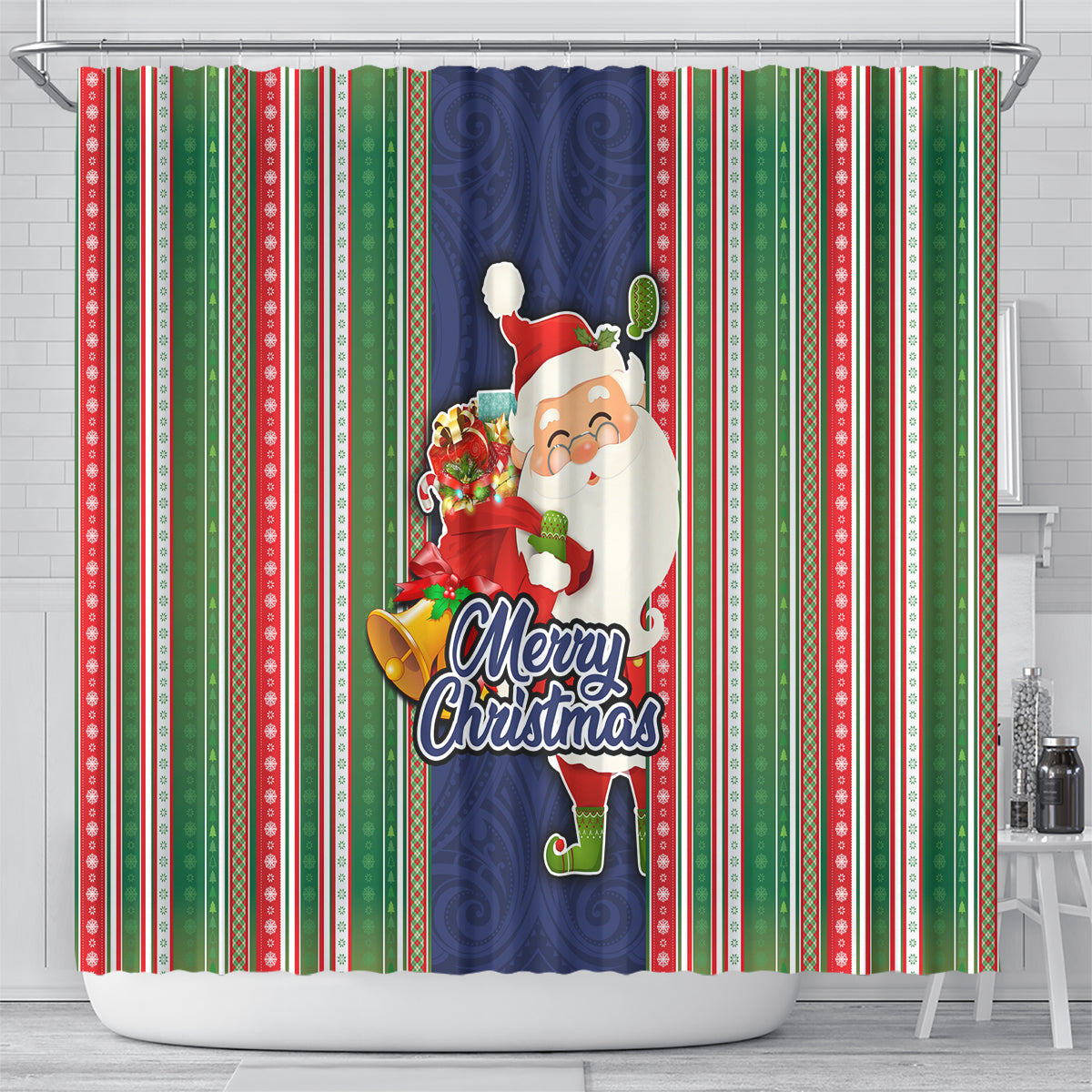 Kiribati Christmas Shower Curtain Santa With Gift Bag Behind Ribbons Seamless Blue Maori LT03 - Polynesian Pride