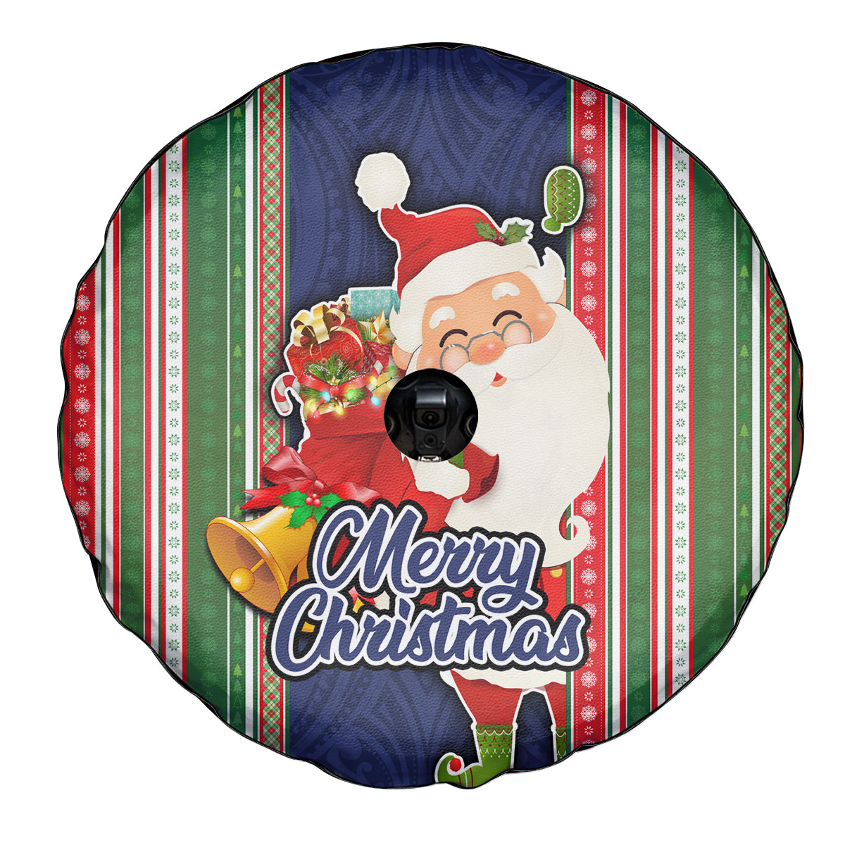Kiribati Christmas Spare Tire Cover Santa With Gift Bag Behind Ribbons Seamless Blue Maori LT03 - Polynesian Pride