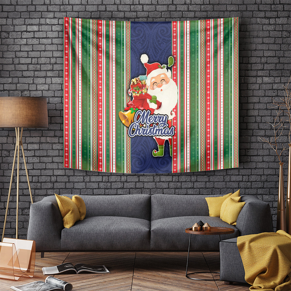 Kiribati Christmas Tapestry Santa With Gift Bag Behind Ribbons Seamless Blue Maori LT03 Blue - Polynesian Pride