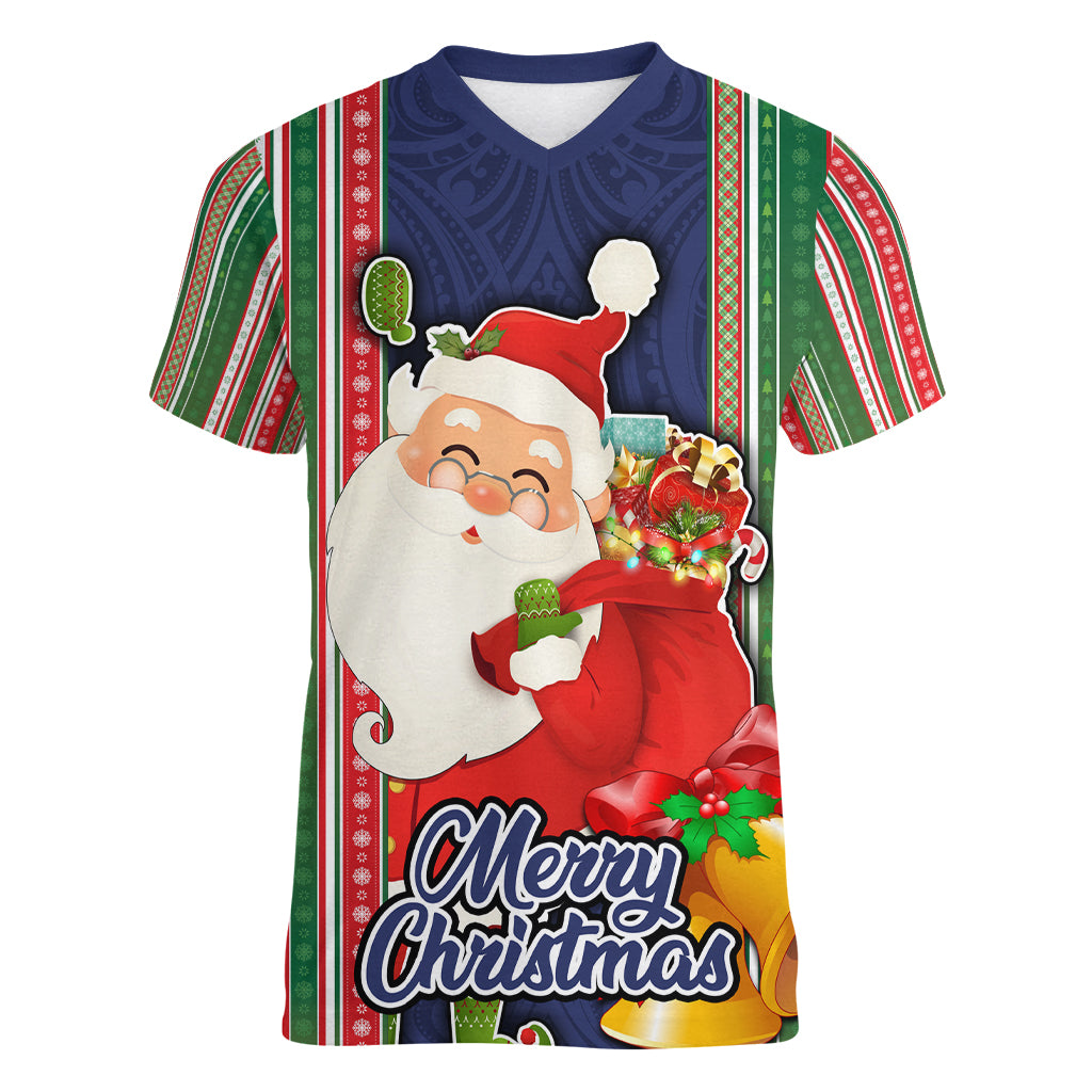 Kiribati Christmas Women V Neck T Shirt Santa With Gift Bag Behind Ribbons Seamless Blue Maori LT03 Female Blue - Polynesian Pride