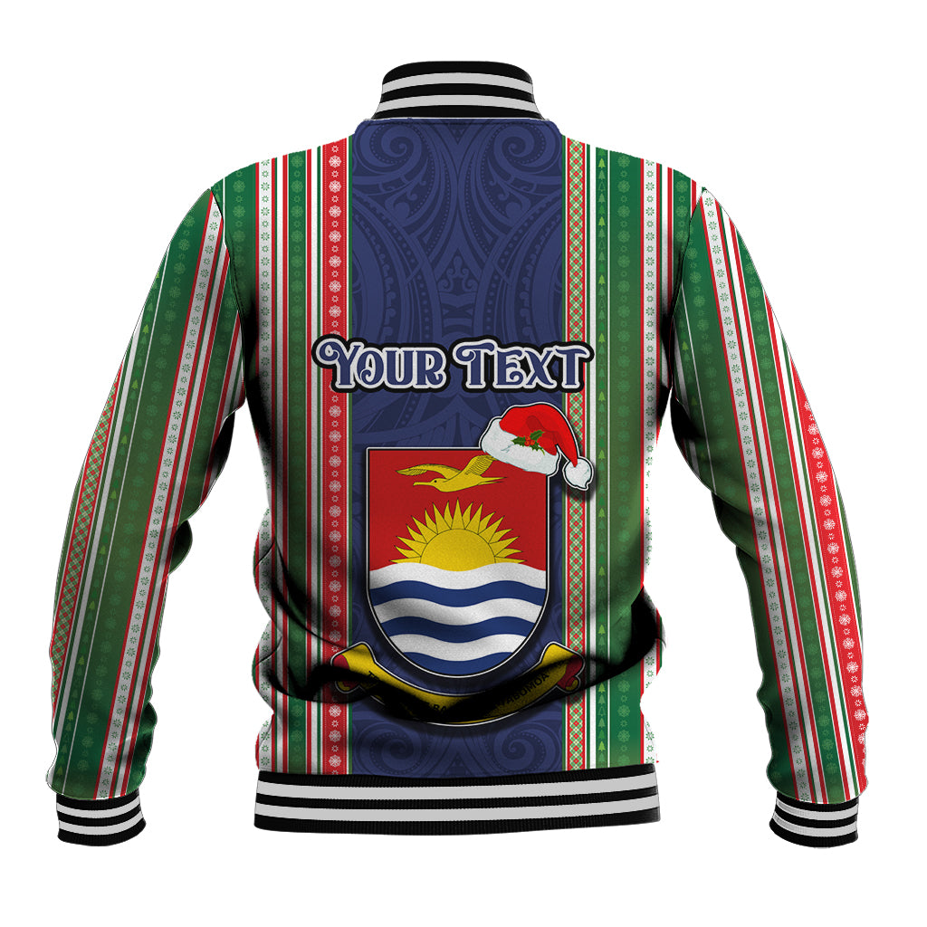 Custom Kiribati Christmas Baseball Jacket Santa With Gift Bag Behind Ribbons Seamless Blue Maori LT03 - Polynesian Pride