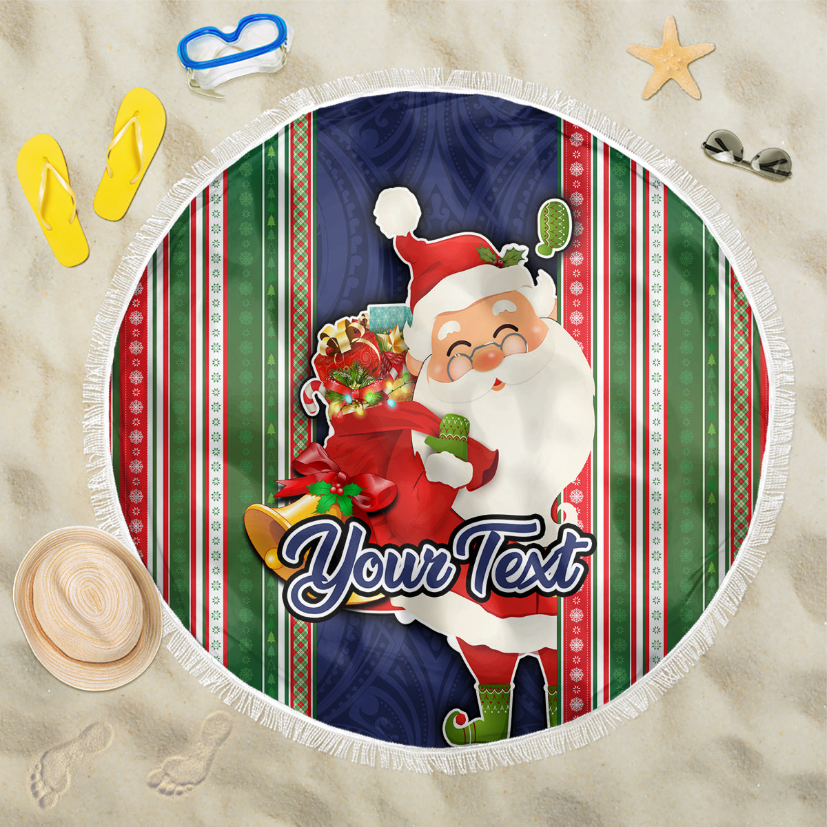 Custom Kiribati Christmas Beach Blanket Santa With Gift Bag Behind Ribbons Seamless Blue Maori LT03 One Size 150cm Blue - Wonder Print Shop