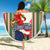 Custom Kiribati Christmas Beach Blanket Santa With Gift Bag Behind Ribbons Seamless Blue Maori LT03 - Wonder Print Shop