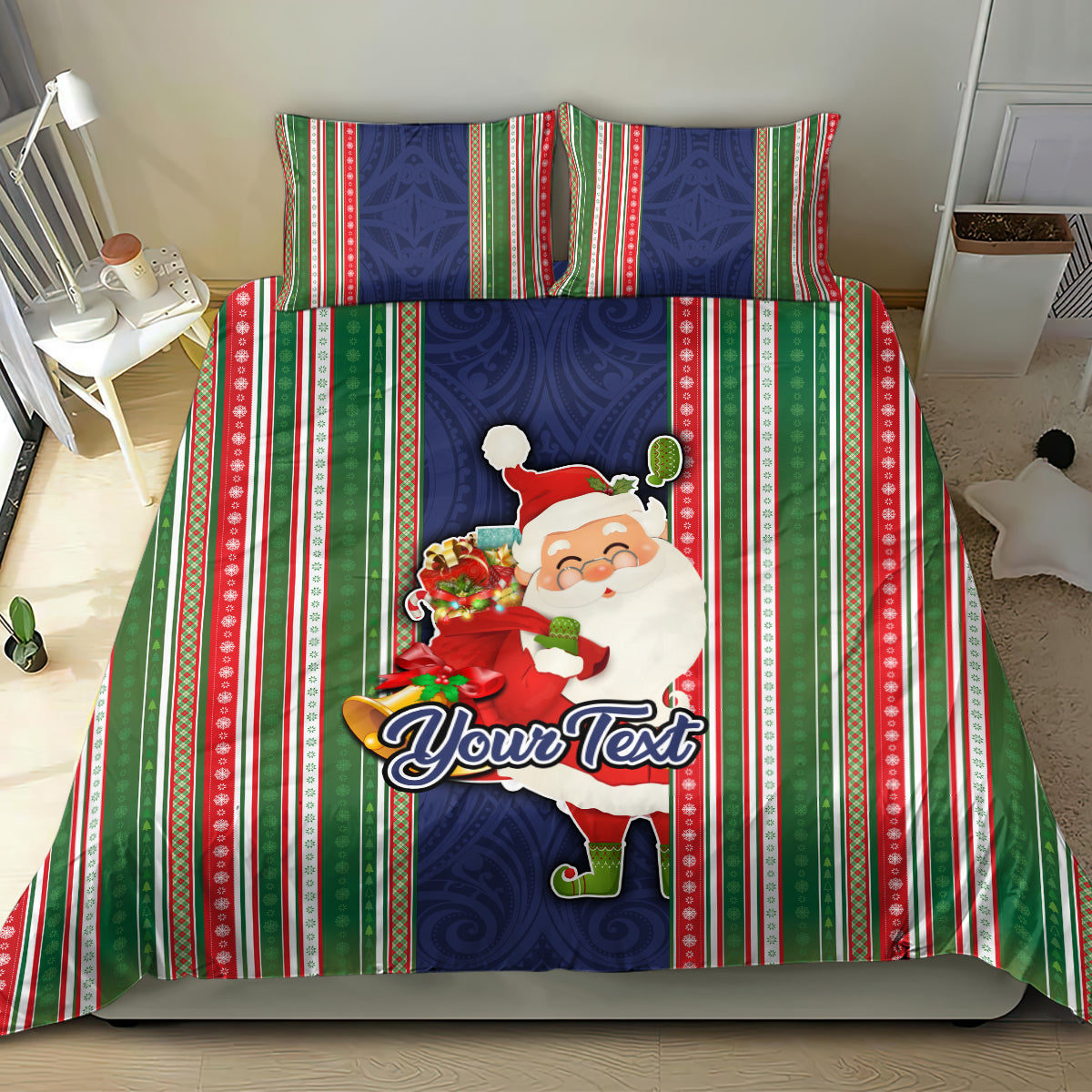 Custom Kiribati Christmas Bedding Set Santa With Gift Bag Behind Ribbons Seamless Blue Maori LT03 - Polynesian Pride