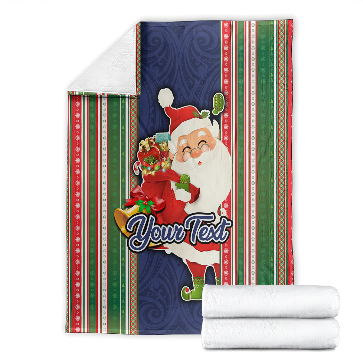 Custom Kiribati Christmas Blanket Santa With Gift Bag Behind Ribbons Seamless Blue Maori LT03 - Polynesian Pride