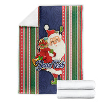 Custom Kiribati Christmas Blanket Santa With Gift Bag Behind Ribbons Seamless Blue Maori LT03 - Polynesian Pride