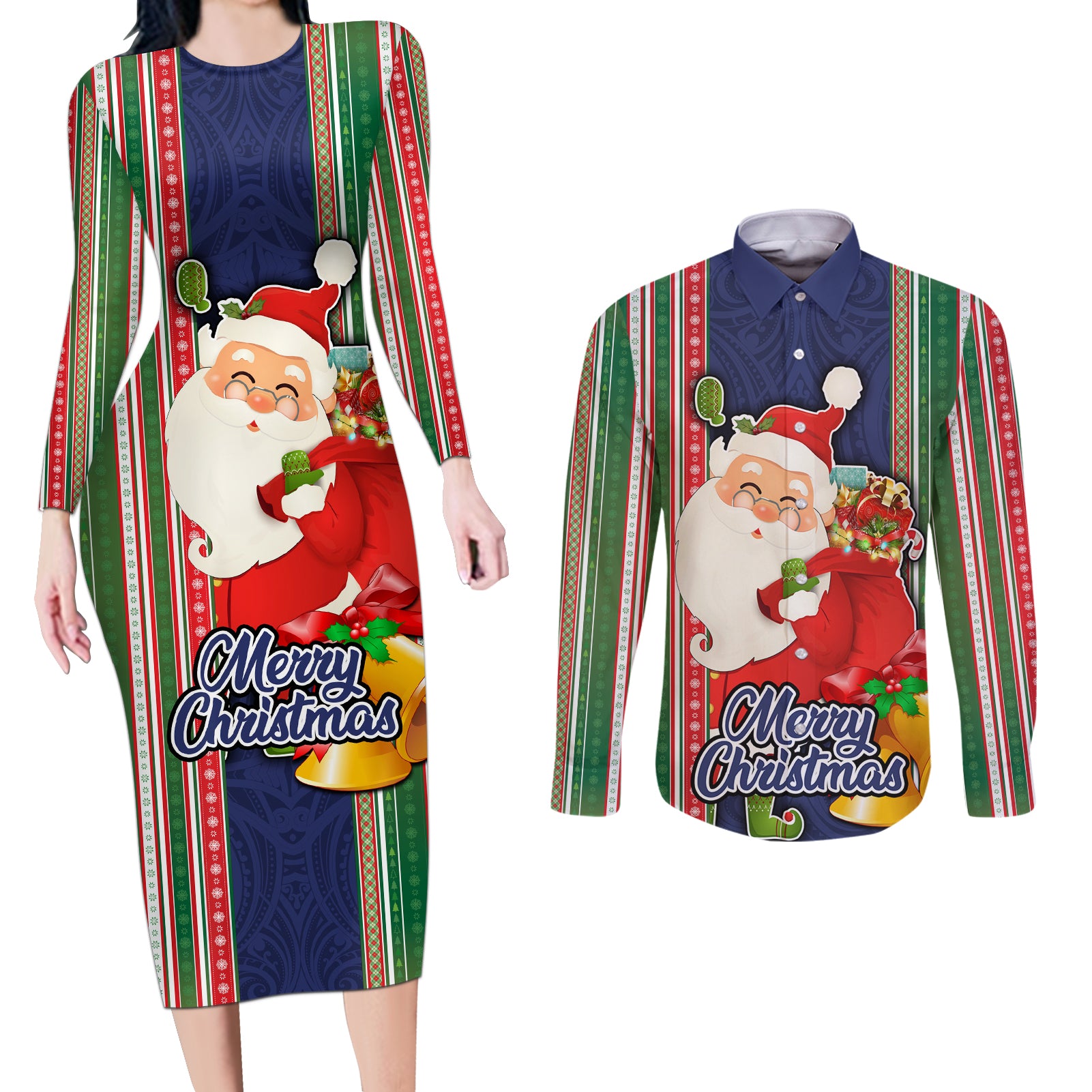 Custom Kiribati Christmas Couples Matching Long Sleeve Bodycon Dress and Long Sleeve Button Shirts Santa With Gift Bag Behind Ribbons Seamless Blue Maori LT03 Blue - Polynesian Pride