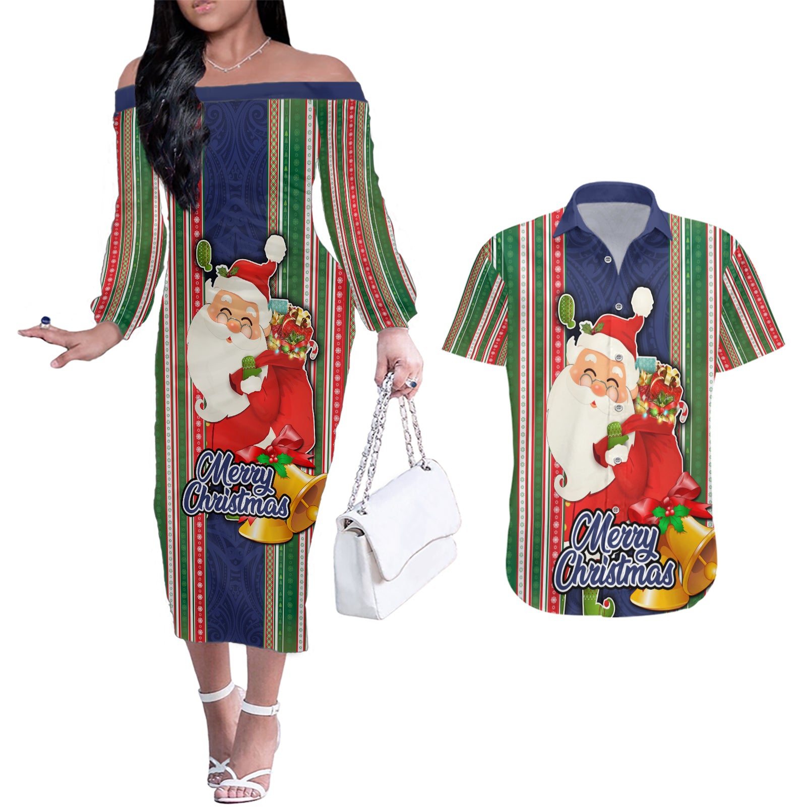 Custom Kiribati Christmas Couples Matching Off The Shoulder Long Sleeve Dress and Hawaiian Shirt Santa With Gift Bag Behind Ribbons Seamless Blue Maori LT03 Blue - Polynesian Pride