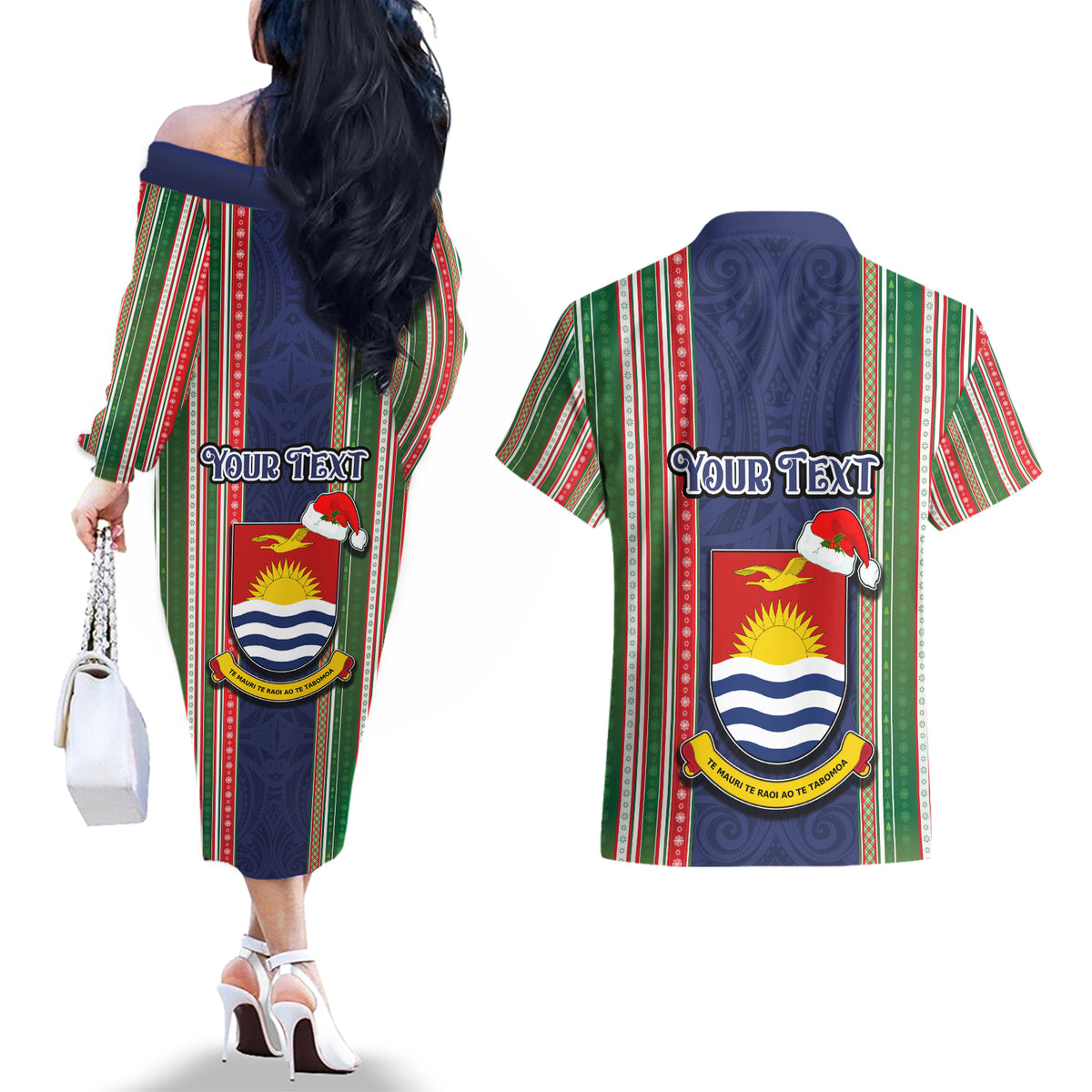 Custom Kiribati Christmas Couples Matching Off The Shoulder Long Sleeve Dress and Hawaiian Shirt Santa With Gift Bag Behind Ribbons Seamless Blue Maori LT03 - Polynesian Pride