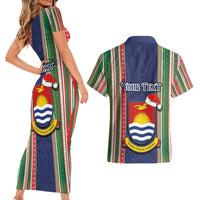 Custom Kiribati Christmas Couples Matching Short Sleeve Bodycon Dress and Hawaiian Shirt Santa With Gift Bag Behind Ribbons Seamless Blue Maori LT03 - Polynesian Pride