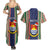 Custom Kiribati Christmas Couples Matching Summer Maxi Dress and Hawaiian Shirt Santa With Gift Bag Behind Ribbons Seamless Blue Maori LT03 - Polynesian Pride