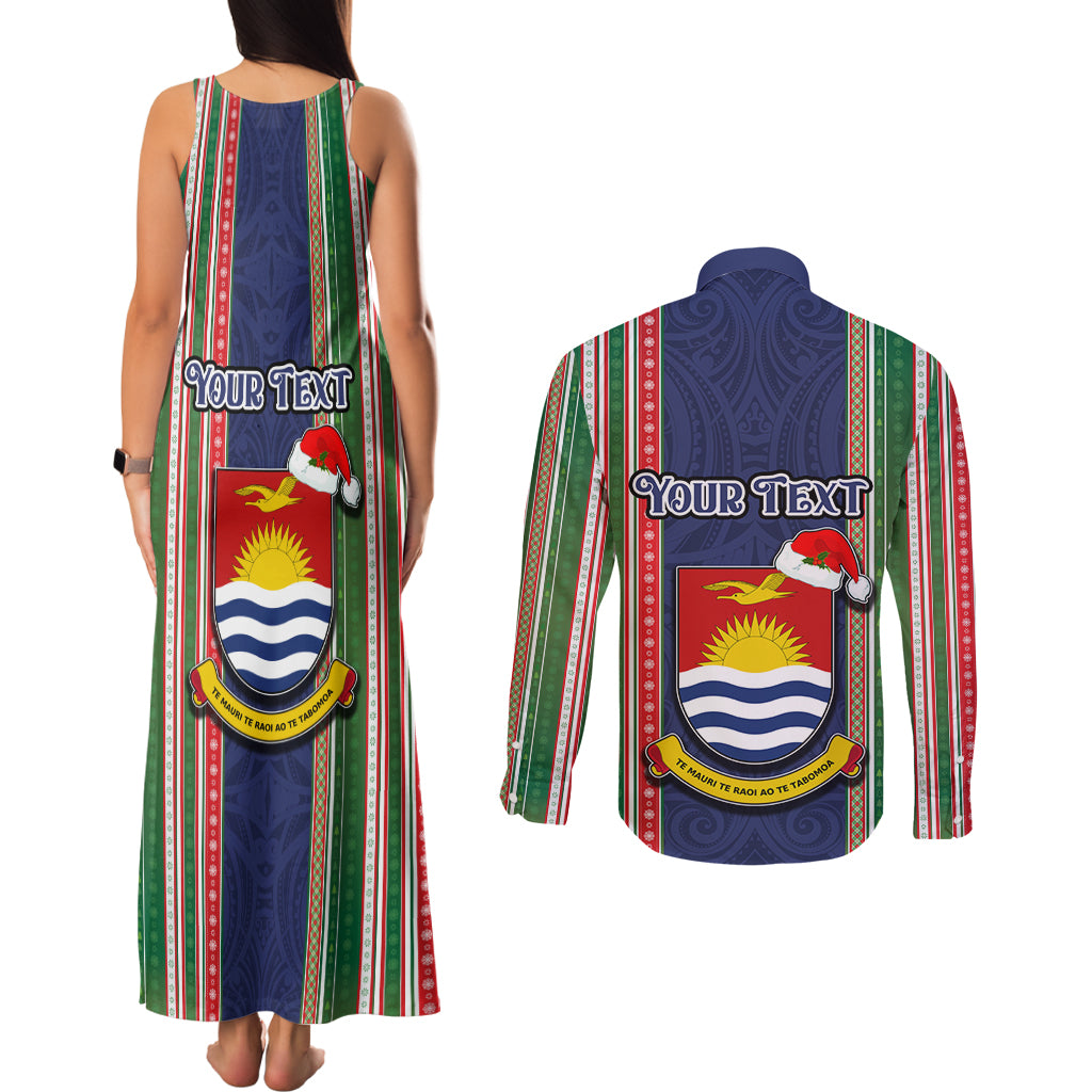 Custom Kiribati Christmas Couples Matching Tank Maxi Dress and Long Sleeve Button Shirts Santa With Gift Bag Behind Ribbons Seamless Blue Maori LT03 - Polynesian Pride
