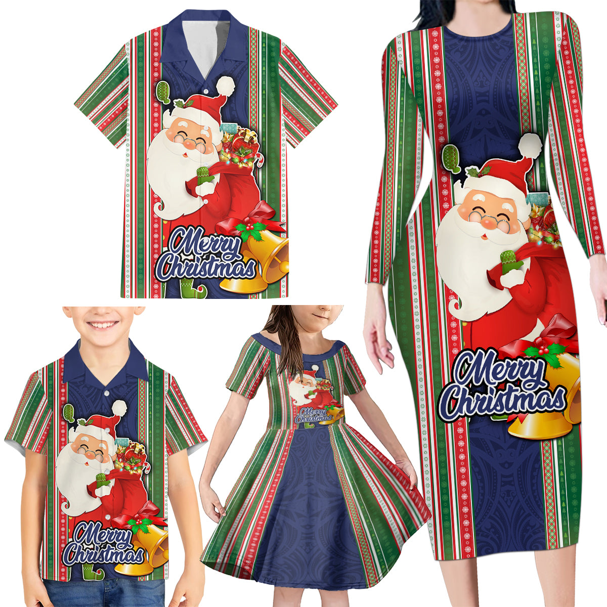 Custom Kiribati Christmas Family Matching Long Sleeve Bodycon Dress and Hawaiian Shirt Santa With Gift Bag Behind Ribbons Seamless Blue Maori LT03 - Polynesian Pride