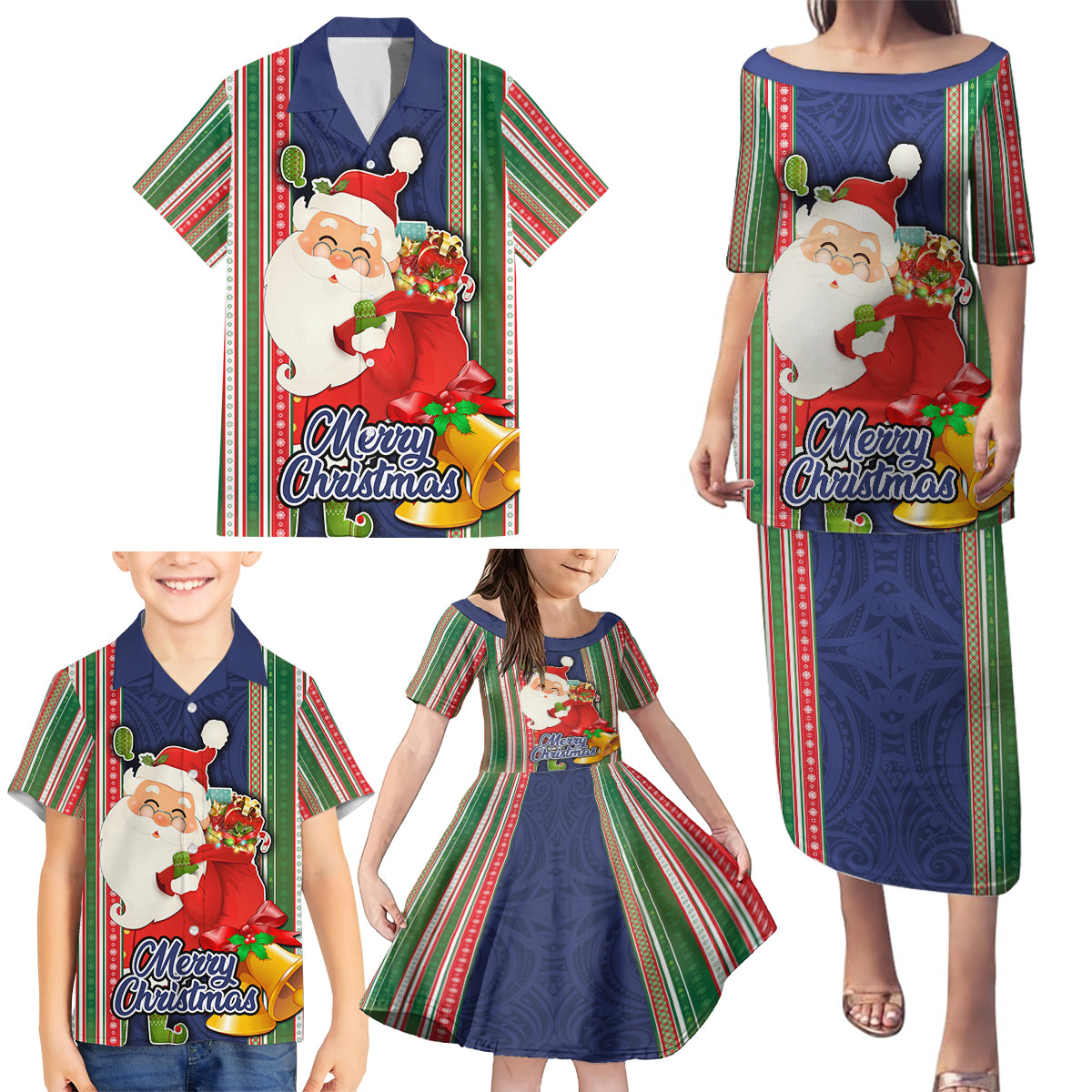 Custom Kiribati Christmas Family Matching Puletasi Dress and Hawaiian Shirt Santa With Gift Bag Behind Ribbons Seamless Blue Maori LT03 - Polynesian Pride