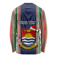 Custom Kiribati Christmas Long Sleeve Shirt Santa With Gift Bag Behind Ribbons Seamless Blue Maori LT03 - Polynesian Pride