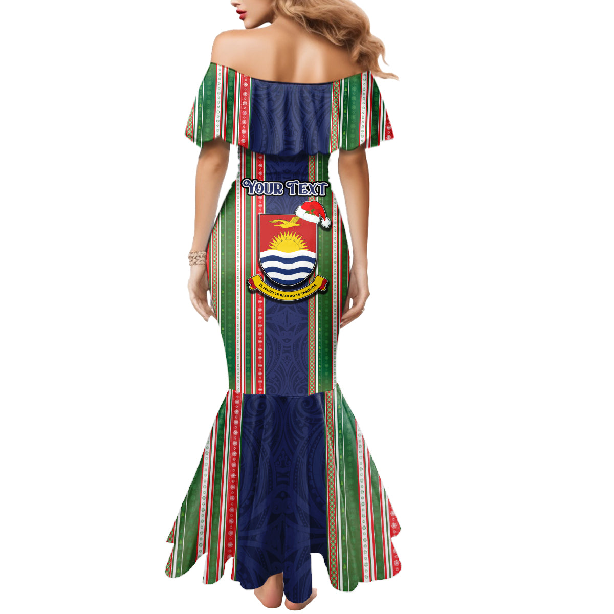 Custom Kiribati Christmas Mermaid Dress Santa With Gift Bag Behind Ribbons Seamless Blue Maori LT03 - Polynesian Pride