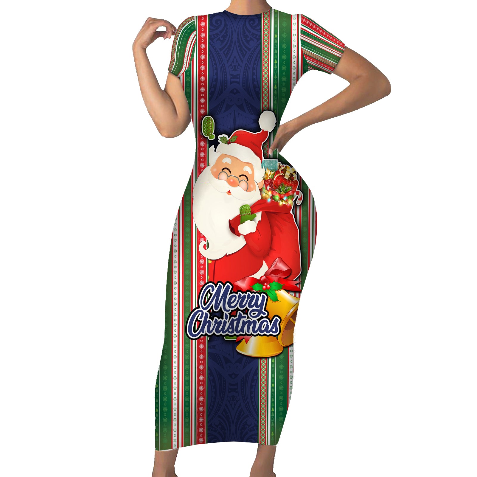 Custom Kiribati Christmas Short Sleeve Bodycon Dress Santa With Gift Bag Behind Ribbons Seamless Blue Maori LT03 Long Dress Blue - Polynesian Pride