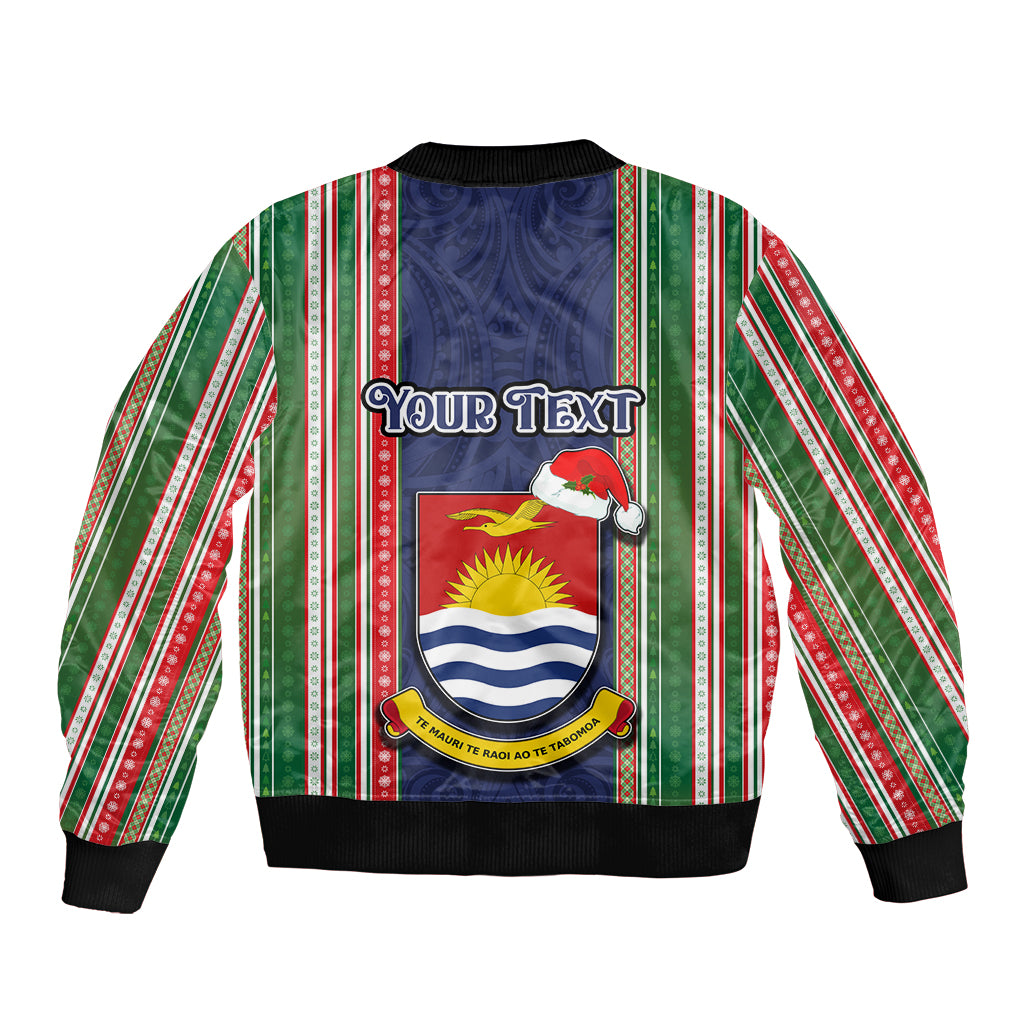 Custom Kiribati Christmas Sleeve Zip Bomber Jacket Santa With Gift Bag Behind Ribbons Seamless Blue Maori LT03 - Polynesian Pride