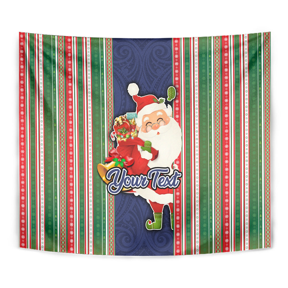 Custom Kiribati Christmas Tapestry Santa With Gift Bag Behind Ribbons Seamless Blue Maori LT03 - Polynesian Pride