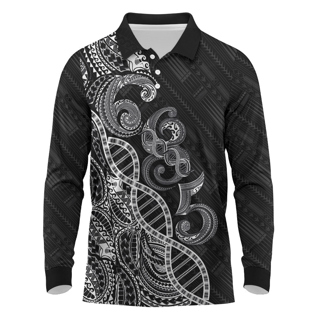 Samoan Traditional Tattoo 685 Long Sleeve Polo Shirt Tribal Tatau DNA Black Color LT03 Black - Polynesian Pride