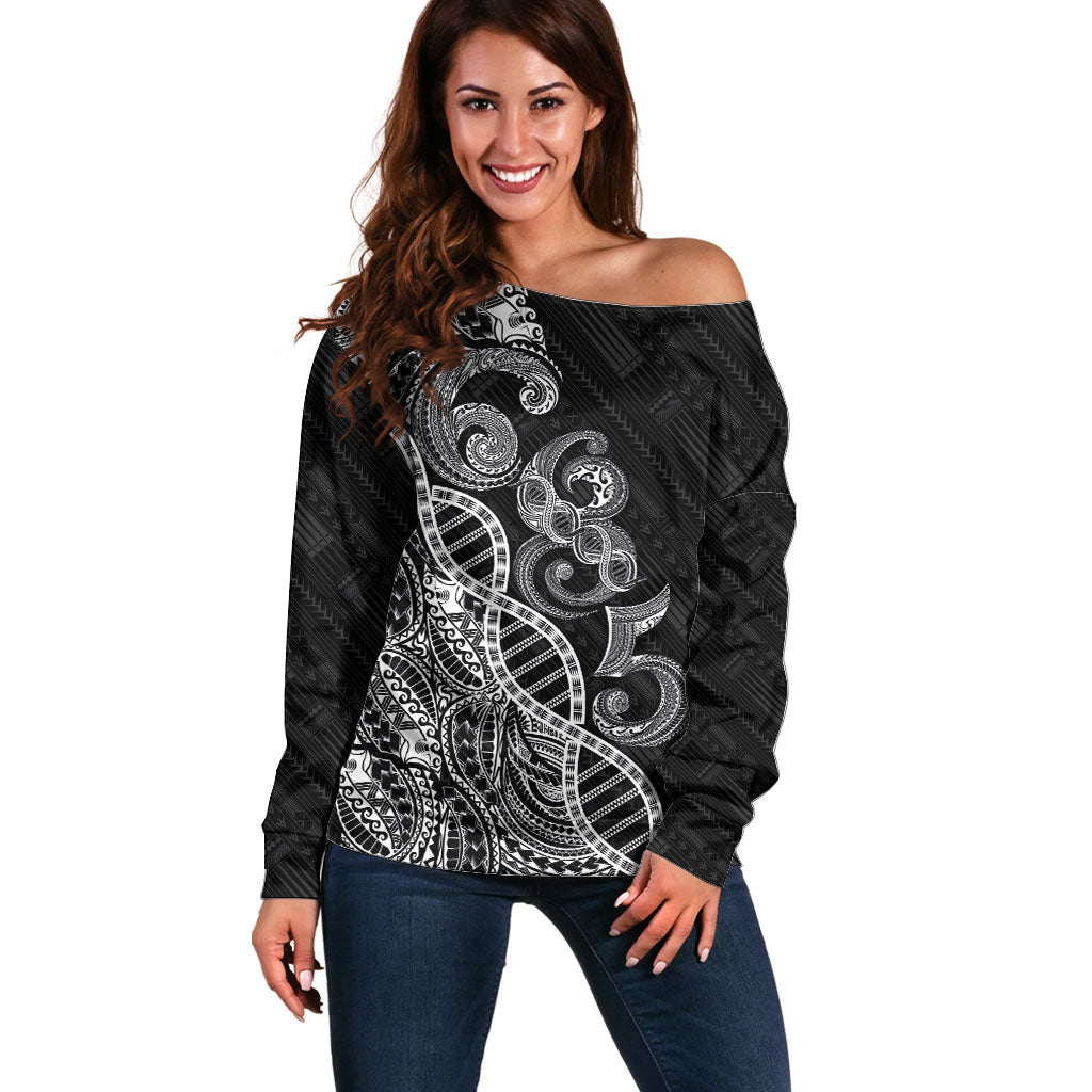 Samoan Traditional Tattoo 685 Off Shoulder Sweater Tribal Tatau DNA Black Color LT03 Women Black - Polynesian Pride