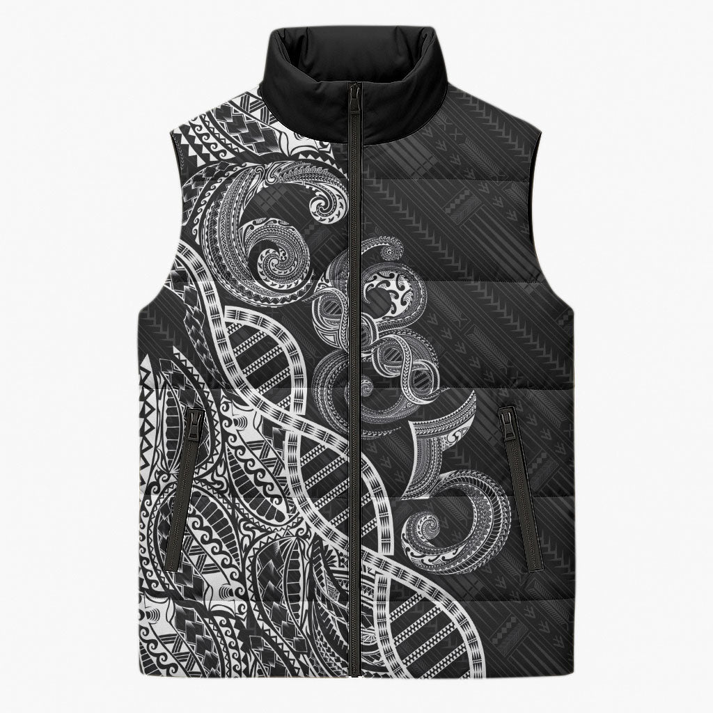 Samoan Traditional Tattoo 685 Sleeveless Puffer Jacket Tribal Tatau DNA Black Color