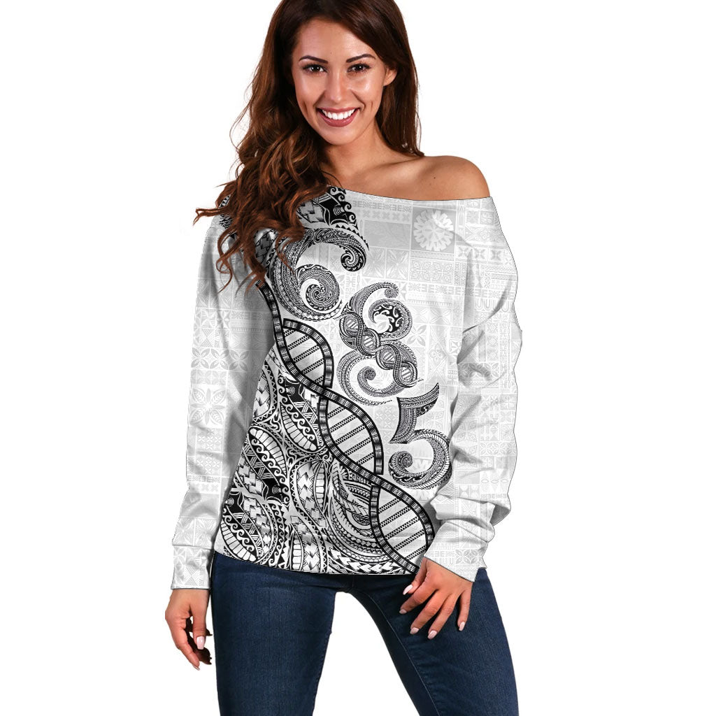 Samoan Traditional Tattoo 685 Off Shoulder Sweater Tribal Tatau DNA White Color LT03 Women White - Polynesian Pride