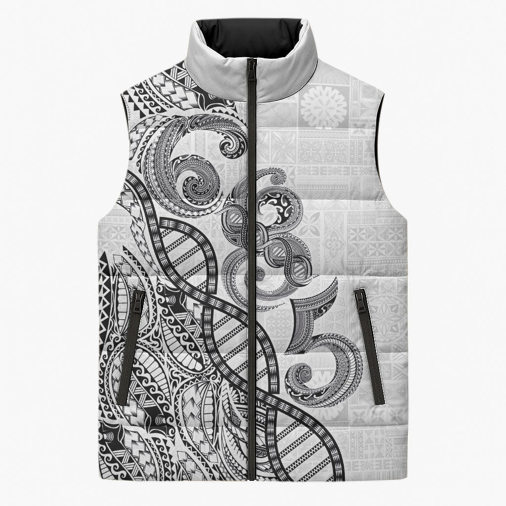 Samoan Traditional Tattoo 685 Sleeveless Puffer Jacket Tribal Tatau DNA White Color