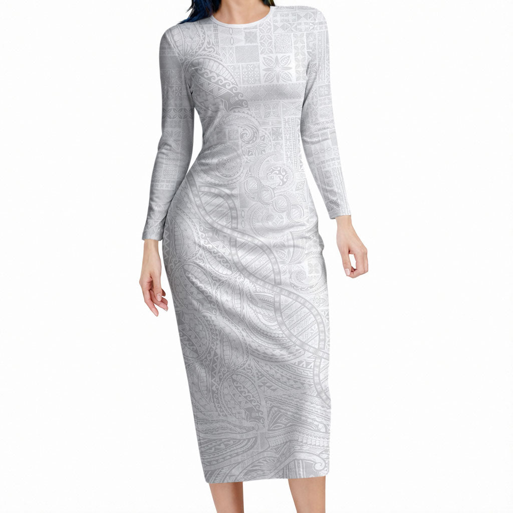 Samoan Traditional Tattoo 685 Long Sleeve Bodycon Dress Tribal Tatau DNA All-White LT03 Long Dress White - Polynesian Pride