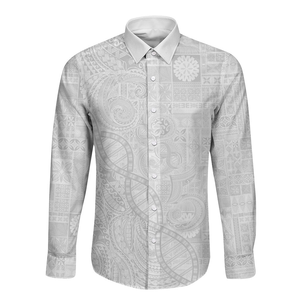 Samoan Traditional Tattoo 685 Long Sleeve Button Shirt Tribal Tatau DNA All-White LT03 Unisex White - Polynesian Pride