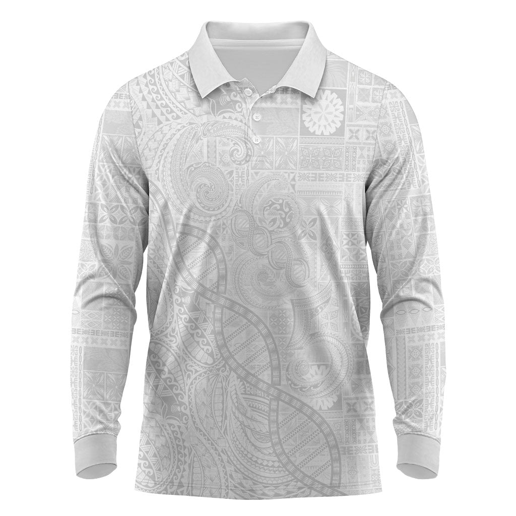 Samoan Traditional Tattoo 685 Long Sleeve Polo Shirt Tribal Tatau DNA All-White LT03 White - Polynesian Pride