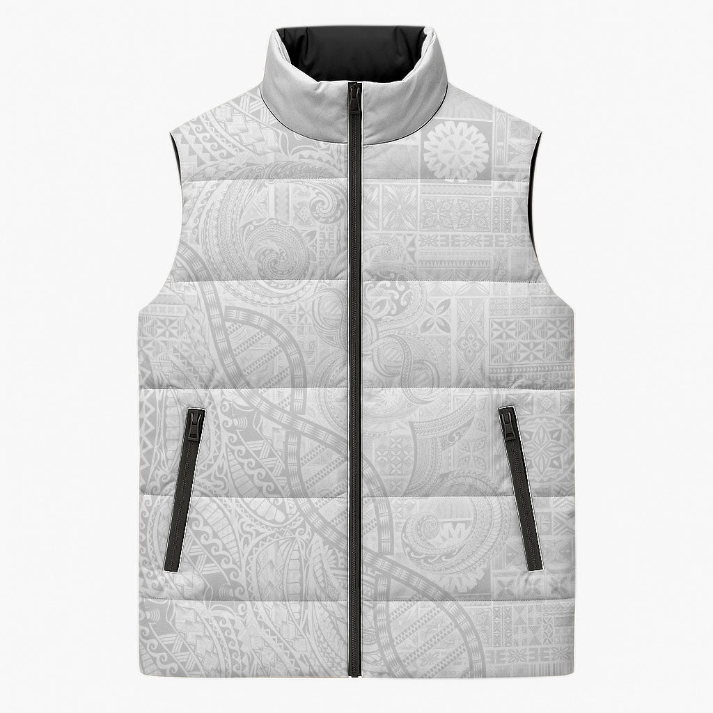 Samoan Traditional Tattoo 685 Sleeveless Puffer Jacket Tribal Tatau DNA All-White