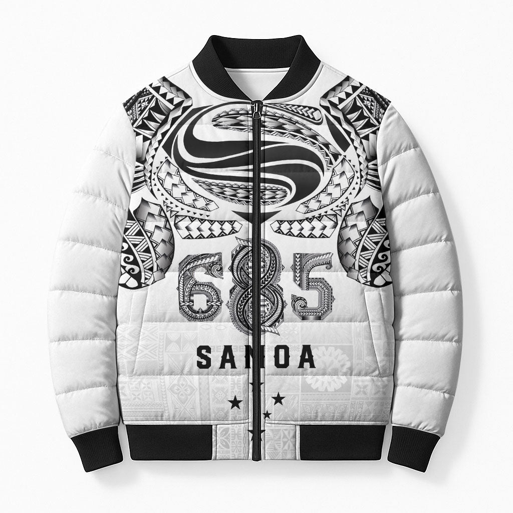 Super Samoa 685 Tribal Tattoo Bomber Puffer Jacket Siapo Pattern White Edition