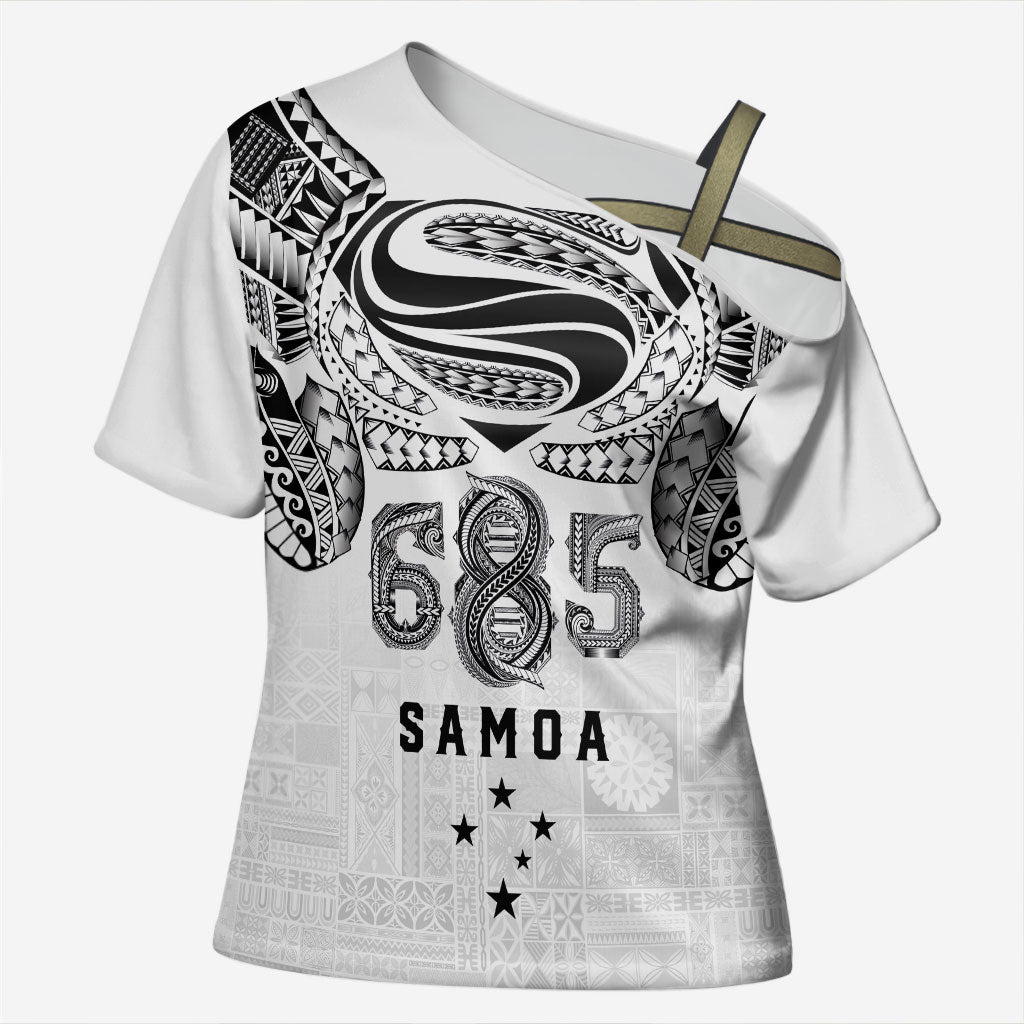 Super Samoa 685 Tribal Tattoo Cross Shoulder Shirt Siapo Pattern White Edition LT03 Female White - Polynesian Pride