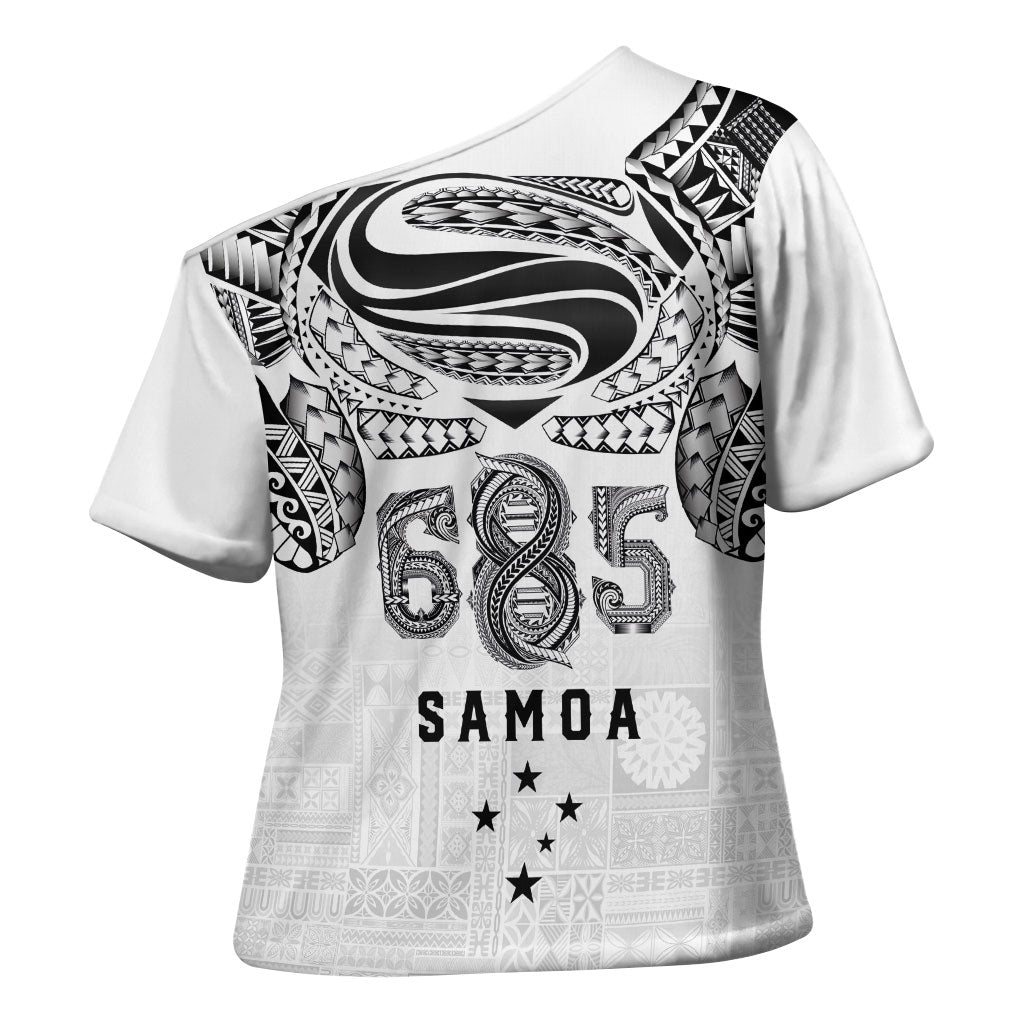 Super Samoa 685 Tribal Tattoo Cross Shoulder Shirt Siapo Pattern White Edition LT03 - Polynesian Pride