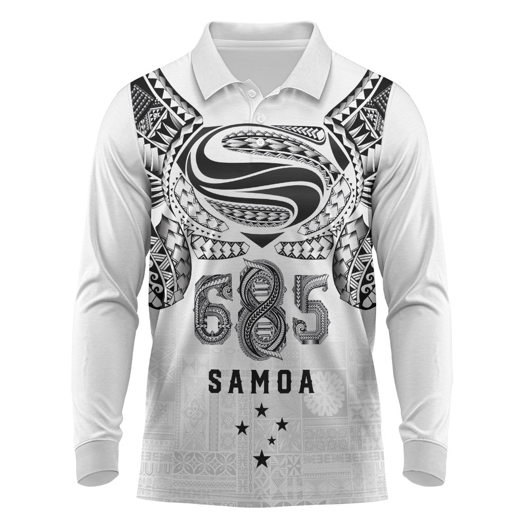 Super Samoa 685 Tribal Tattoo Long Sleeve Polo Shirt Siapo Pattern White Edition LT03 White - Polynesian Pride