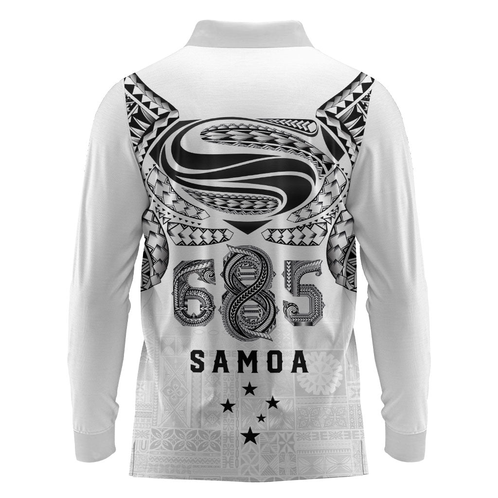 Super Samoa 685 Tribal Tattoo Long Sleeve Polo Shirt Siapo Pattern White Edition LT03 - Polynesian Pride