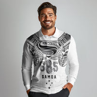 Super Samoa 685 Tribal Tattoo Long Sleeve Polo Shirt Siapo Pattern White Edition LT03 - Polynesian Pride