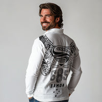 Super Samoa 685 Tribal Tattoo Long Sleeve Polo Shirt Siapo Pattern White Edition LT03 - Polynesian Pride