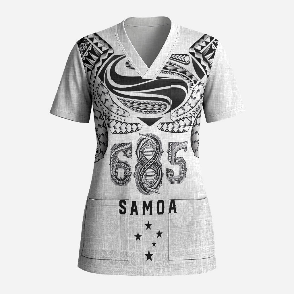 Super Samoa 685 Tribal Tattoo Scrub Top Siapo Pattern White Edition