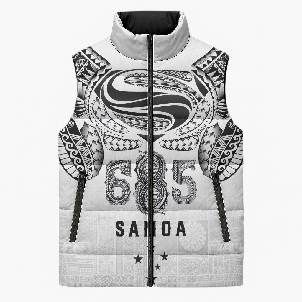 Super Samoa 685 Tribal Tattoo Sleeveless Puffer Jacket Siapo Pattern White Edition