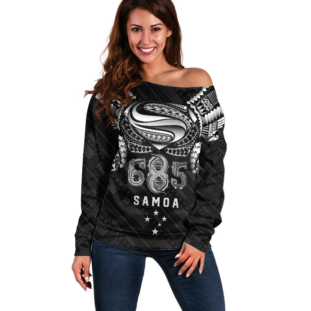 Super Samoa 685 Tribal Tattoo Off Shoulder Sweater Samoan Ornament Pattern Black Edition LT03 Women Black - Polynesian Pride