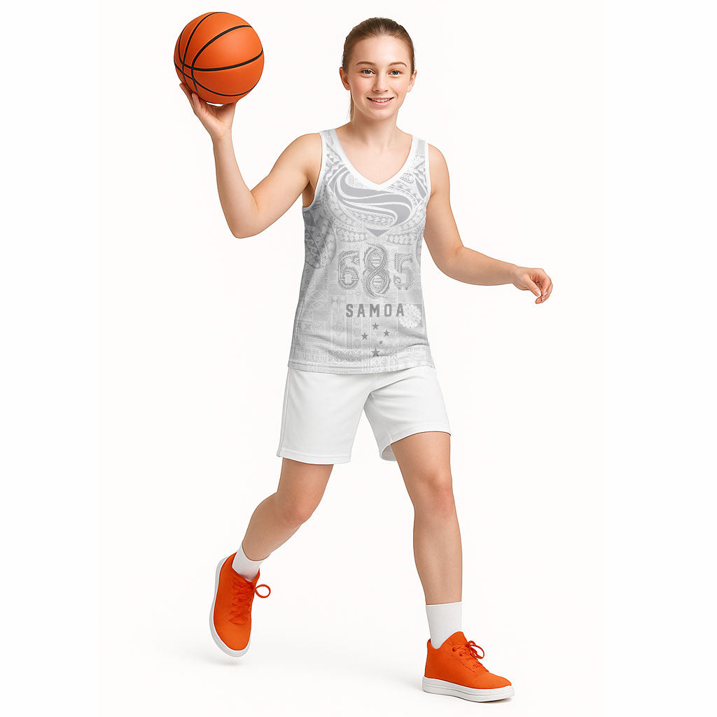 Super Samoa 685 Tribal Tattoo Basketball Jersey Siapo Pattern All-White Edition LT03 - Polynesian Pride