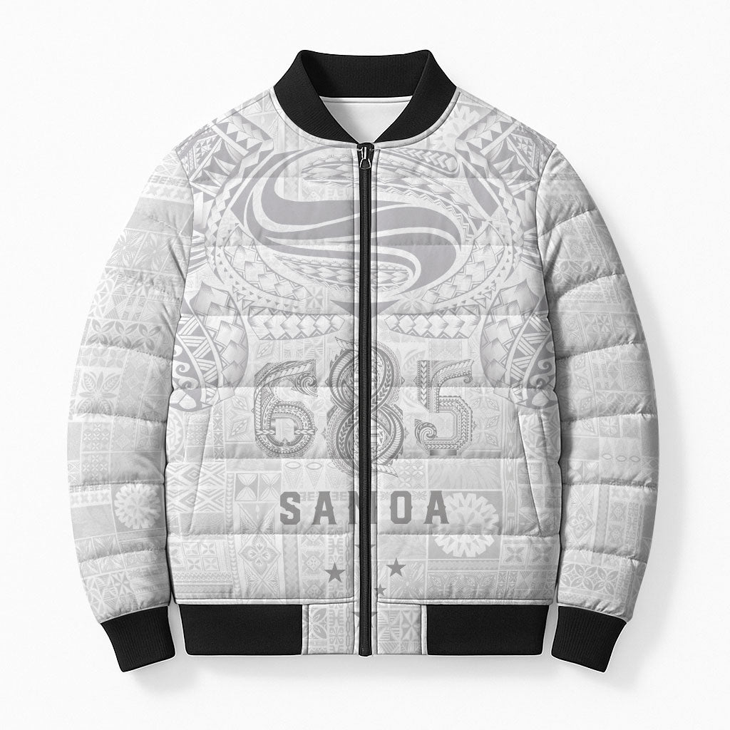 Super Samoa 685 Tribal Tattoo Bomber Puffer Jacket Siapo Pattern All-White Edition