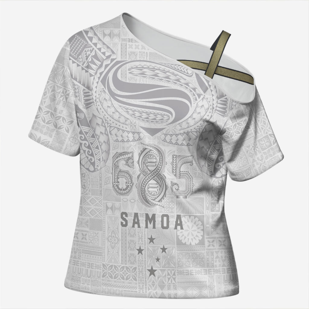 Super Samoa 685 Tribal Tattoo Cross Shoulder Shirt Siapo Pattern All-White Edition LT03 Female White - Polynesian Pride