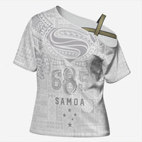 Super Samoa 685 Tribal Tattoo Cross Shoulder Shirt Siapo Pattern All-White Edition LT03 Female White - Polynesian Pride