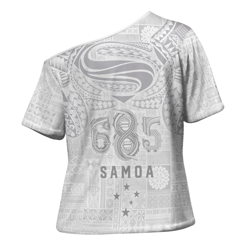 Super Samoa 685 Tribal Tattoo Cross Shoulder Shirt Siapo Pattern All-White Edition LT03 - Polynesian Pride