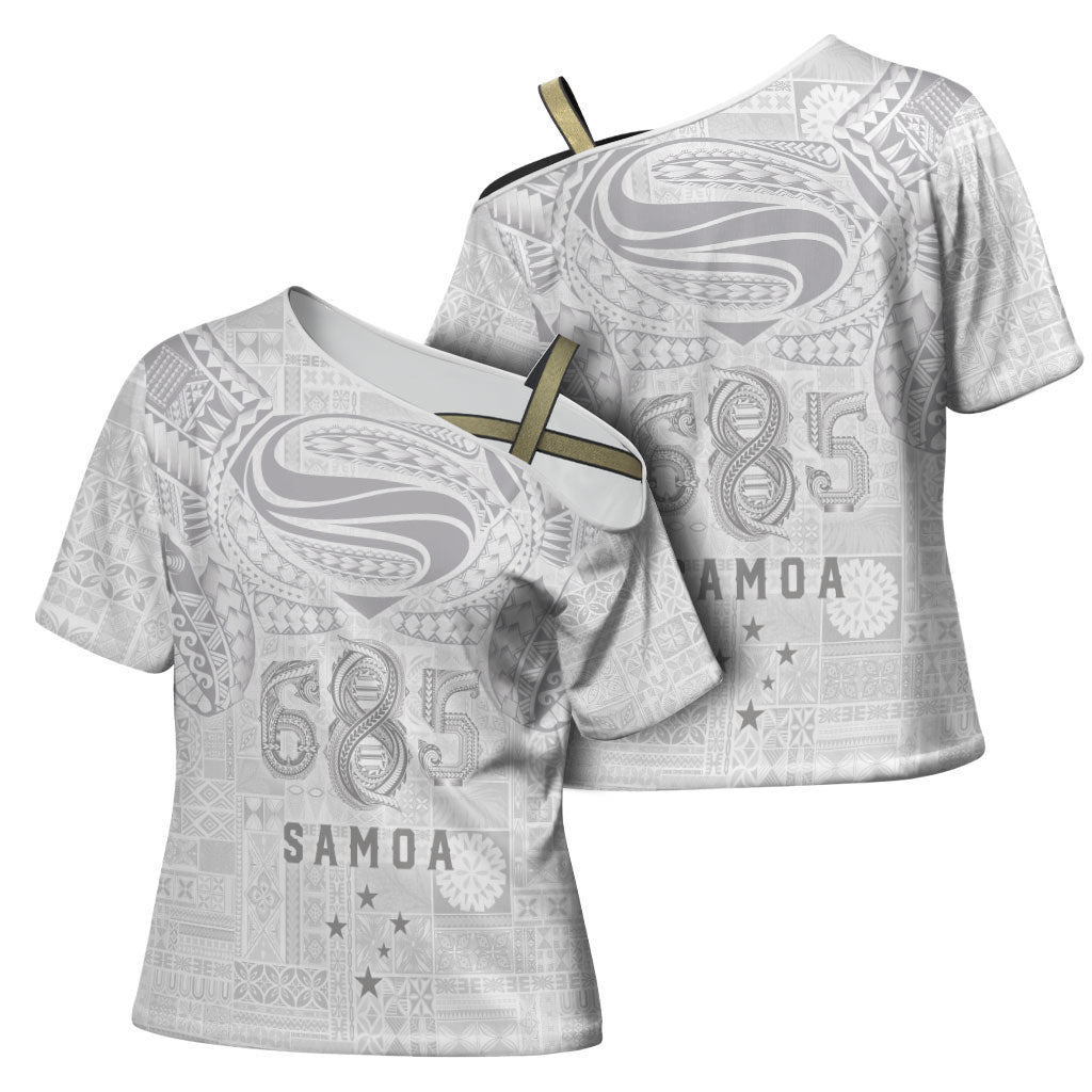 Super Samoa 685 Tribal Tattoo Cross Shoulder Shirt Siapo Pattern All-White Edition LT03 - Polynesian Pride