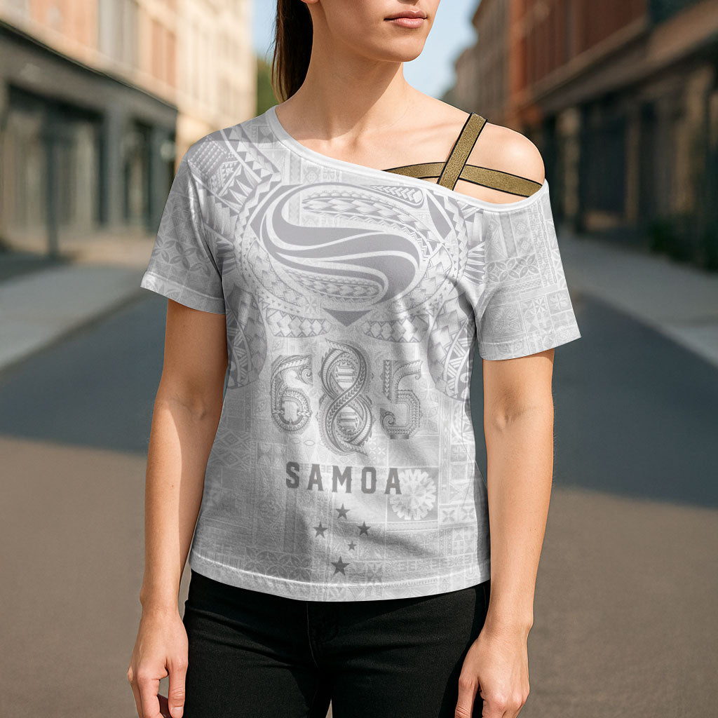 Super Samoa 685 Tribal Tattoo Cross Shoulder Shirt Siapo Pattern All-White Edition LT03 - Polynesian Pride